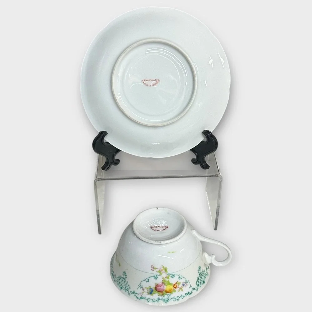 VTG Harco Japan Tea Cup & Saucer SET‎ OF 3 Hand Painted Floral Lattice Porcelain